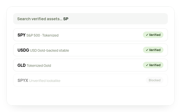 Verified asset picker with verified and blocked assets