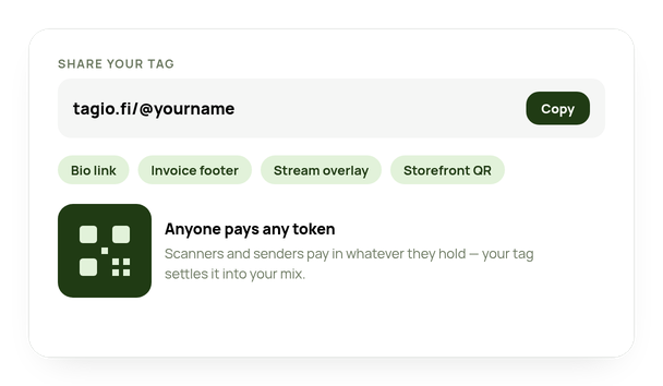 Share your tag, pay-link, QR and channel chips