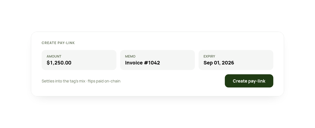 Pay-link creation card with amount, memo and expiry